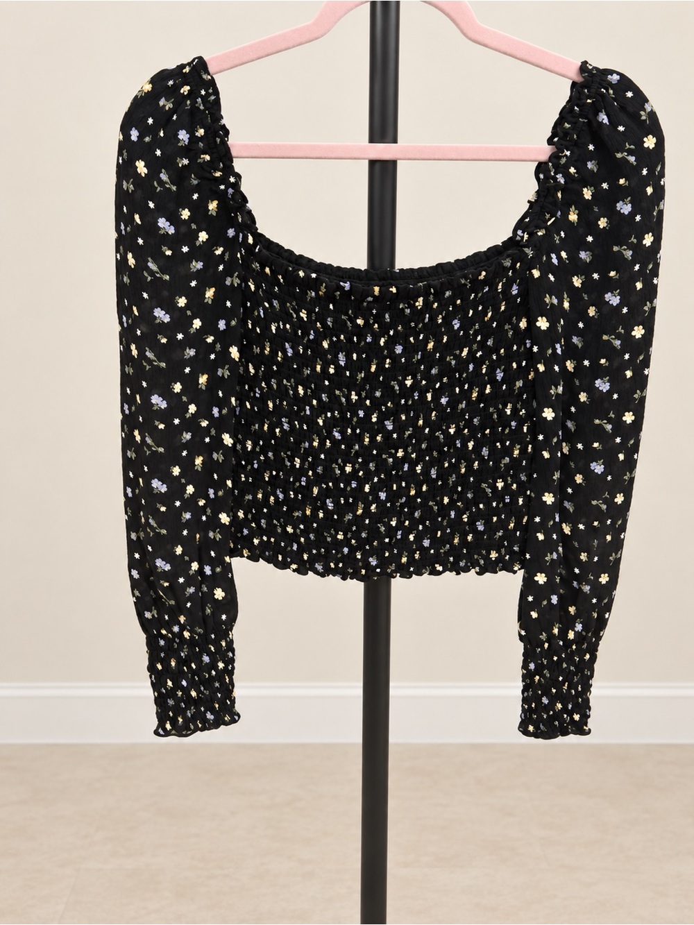 Reformation Pinto Top Freesia Black Floral Smocked Blouse Size S